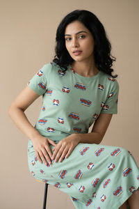 Zivame Farm Lore Knit Cotton Mid Length Nightdress - Cameo Green — thumbnail 2